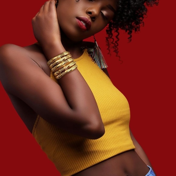 NIB Gold Chunky Bangles Bracelets 14k Gold Plated Stack Layered Tube Stretch - Picture 1 of 3